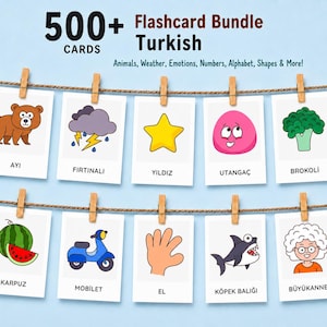 May include: A 500+ Turkish flashcard bundle featuring ten white cards clipped to two horizontal strings. Each card displays a colorful illustration and a corresponding Turkish word, including a bear, storm, star, broccoli, watermelon, scooter, hand, shark, and grandmother.