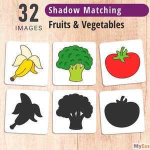 Ombres de fruits et légumes assorties, jeu d'associations fruits-légumes, activité préscolaire fruits-légumes, jeu de cartes Montessori