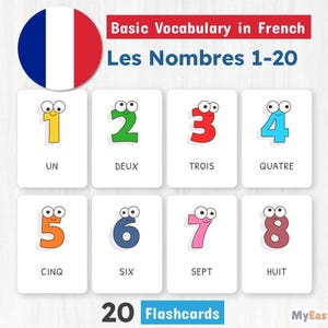 French Number Flashcards for Kids, Learn Numbers 1 to 20, Educational Learning Tool, Study Aid Cards