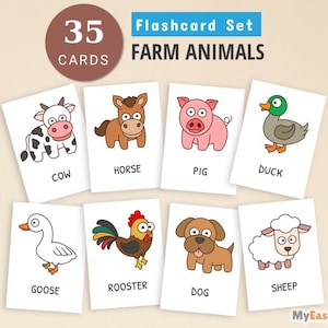 Flashcards de animais de fazenda para imprimir, Flashcards de animais de fazenda, Materiais de aprendizagem pré-escolar, Cartões educativos para crianças pequenas, Materiais Montessori