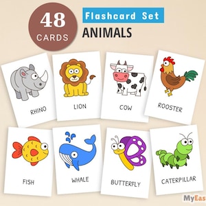 Printable Animal Flashcards,  Preschool Flashcards, Toddler Flashcards, Animals Matching Activity for Kids