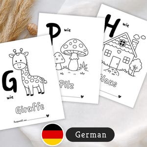 Libro para colorear del alfabeto alemán, páginas para colorear imprimibles del ABC de la A a la Z para niños pequeños y preescolares, descarga de PDF educativo en alemán