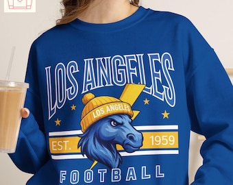 Sudadera de fútbol americano vintage de Los Ángeles – Thunder Horse Retro Crewneck, Camiseta de estilo clásico de fútbol americano, FamFit36-18