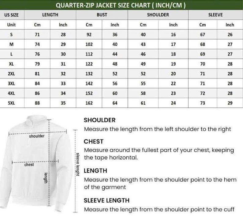 May include: A size chart for a quarter-zip jacket, displaying measurements in inches and centimeters. The chart includes US sizes S to 5XL, with corresponding measurements for length, bust, shoulder, and sleeve. Diagrams illustrate how to measure shoulder, chest, length, and sleeve length.
