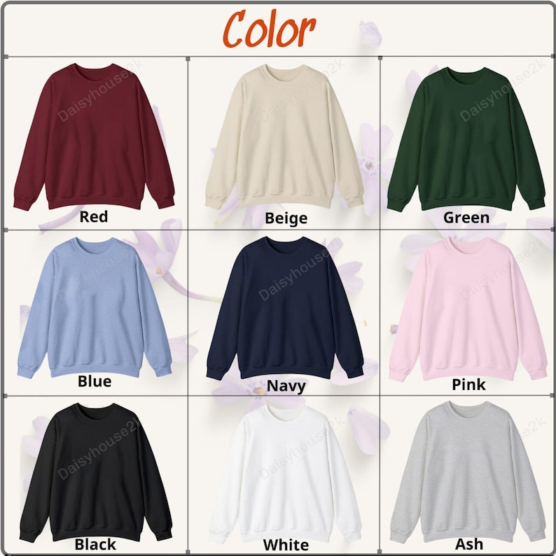 May include: A grid of nine crewneck sweatshirts in various colors: red, beige, green, blue, navy, pink, black, white, and ash. The word "Color" is written at the top of the image.