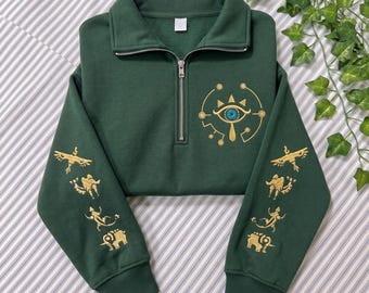 Zelda Sheikah Eye Embroidered Quarter Zip/ Sweatshirt, Hyrule Inspired Embroidered Pullover, BOTW TOTK Gamer Gift Hoodie