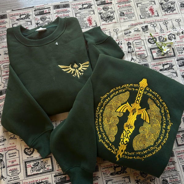 Legend of Zelda Embroidered Hoodie, Hylian Crest Front & Master Sword Back, Zelda Fan Gift, video game player