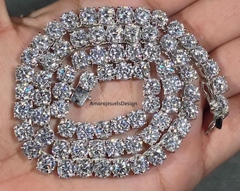 Round Cut VVS Moissanite Tennis Necklace For Men/Women, 925 Sterling Silver Tennis Chain Necklace, Round Cut Moissanite Unisex Necklace.