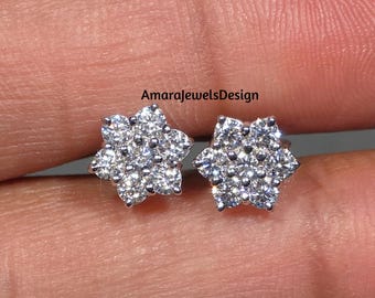Round Cut Lab Grown Diamond Floral Stud Earrings, Sterling Silver Push Back Earrings, Conflict Free Round Diamond Halo Stud Earrings For Her