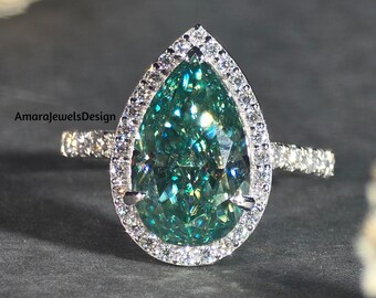 Vivid Green Sapphire Pear Cut 5.00CT Halo Engagement Ring, 3-Prongs Pear Cut Half Eternity Pave Band, Sterling Silver Anniversary Ring.