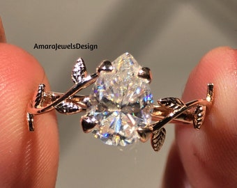 Unique Pear Shaped 2.00Ct Moissanite Engagement Ring, 14k Rose Gold Branch Leaf Nature Inspired Anniversary Ring, Pear Cluster Wedding Ring