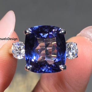10.5Ct Blue Sapphire Cushion Cut Three Stone Labcreated Gemstone Ring, Side Round Moissanite Cut, Cathedral Set Sapphire Stone Trilogy Ring.
