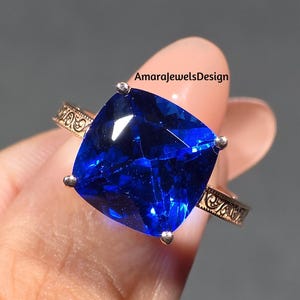 Blue Sapphire 6.50Ct Cushion Cut Gemstone Ring, Rose Gold Plated Designer Filigree Lace Style Band, Unique Basket Set Blue Sapphire Ring.