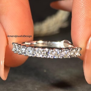 2.00mm Round Brilliant Cut Moissanite Matching Wedding Band, 10 Stone Shared U Prong Half Eternity Stackable Band, Comfort Fit Band For Her.