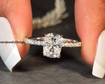 2.00Ct Elongated Cushion Cut Moissanite Wedding Ring, Round Half Eternity Pave Band Wedding Ring, Cushion Moissanite Engagement Ring For Her