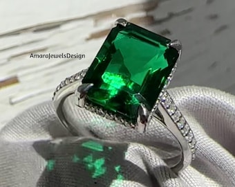 3CT Green Moissanite Emerald Cut Solitaire Engagement Ring, Hidden Halo With Pave Set Wedding Ring, Women Vintage Promise Anniversary Ring.
