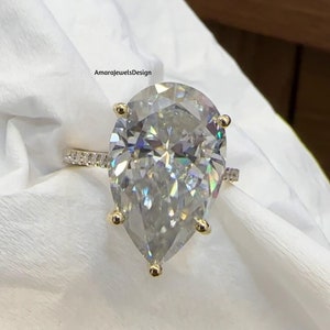 7.00Ct Pear Shape Moissanite Engagement Ring, Pear Cut Hidden Halo Wedding Ring, Tear Drop 14K Yellow Gold Pave Set Anniversary Gift Ring.