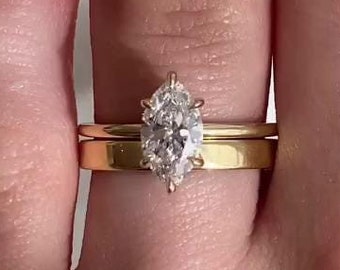 Marquise Cut 1.5Ct Solitaire Engagement Ring, 6-Prong Solitaire Marquise Wedding Ring, Thick & Thin 14k Gold Matching Plain Band Bridal Ring
