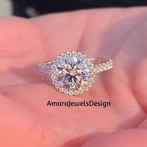 Round Cut 2Ct Solitaire Halo Set Moissanite Engagement Ring, 4 Prong Set Round Pave Accent Eternity Ring For Women, Bridal Wedding Ring.