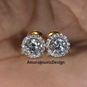 0.30CT Round Cut Certified Lab Grown Diamond Stud Earrings, 18K Yellow Gold Halo Set Screw Back Style Earrings, Wedding Earrings For Women.