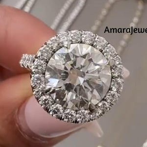 4Ct Round Cut Halo Set Moissanite Stone Engagement Ring, Round Halo Diamond Ring , 3/4 Eternity Pave Setting White Gold Bridal Wedding Ring.