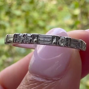 Baguette and Round Colorless Moissanite Wedding Band, Half Eternity Band, 925 Silver Stackable Band, Minimalist Band, Valentine Gift For Her
