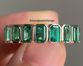 3X5MM Emerald Cut Green Gemstone Wedding Band, Bezel Set Full Eternity Stackable Band, 14K Yellow Gold Green Emerald Matching Women Band.