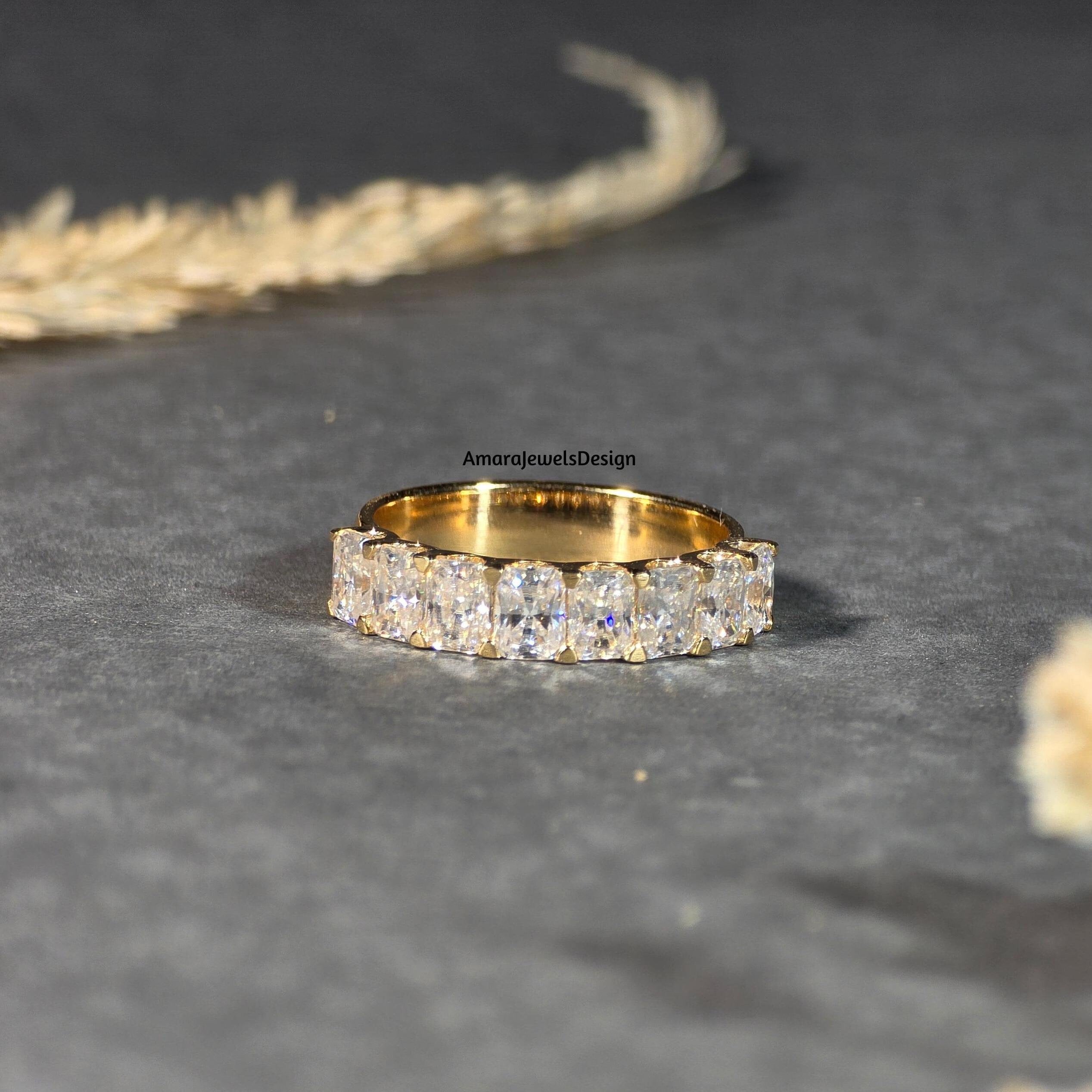 Radiant Half Eternity Colorless Moissanite Engagement Ring, U Prongs Half Eternity Moissanite Band, 14K Yellow Gold Stackable Wedding Band.