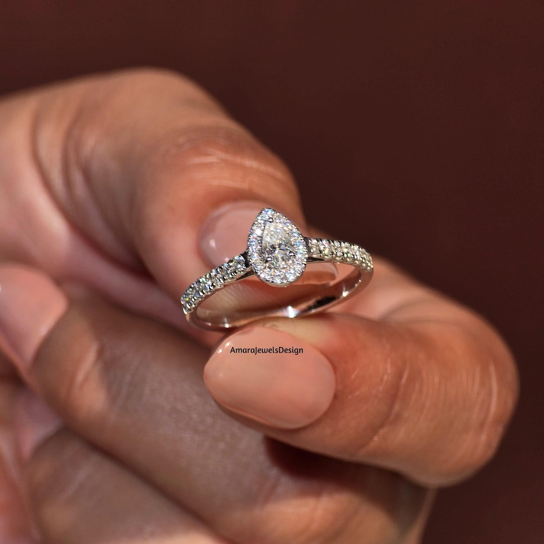 Lab Grown Pear Halo Engagement Ring, Genuine Pear Diamond Ring, Unique ...