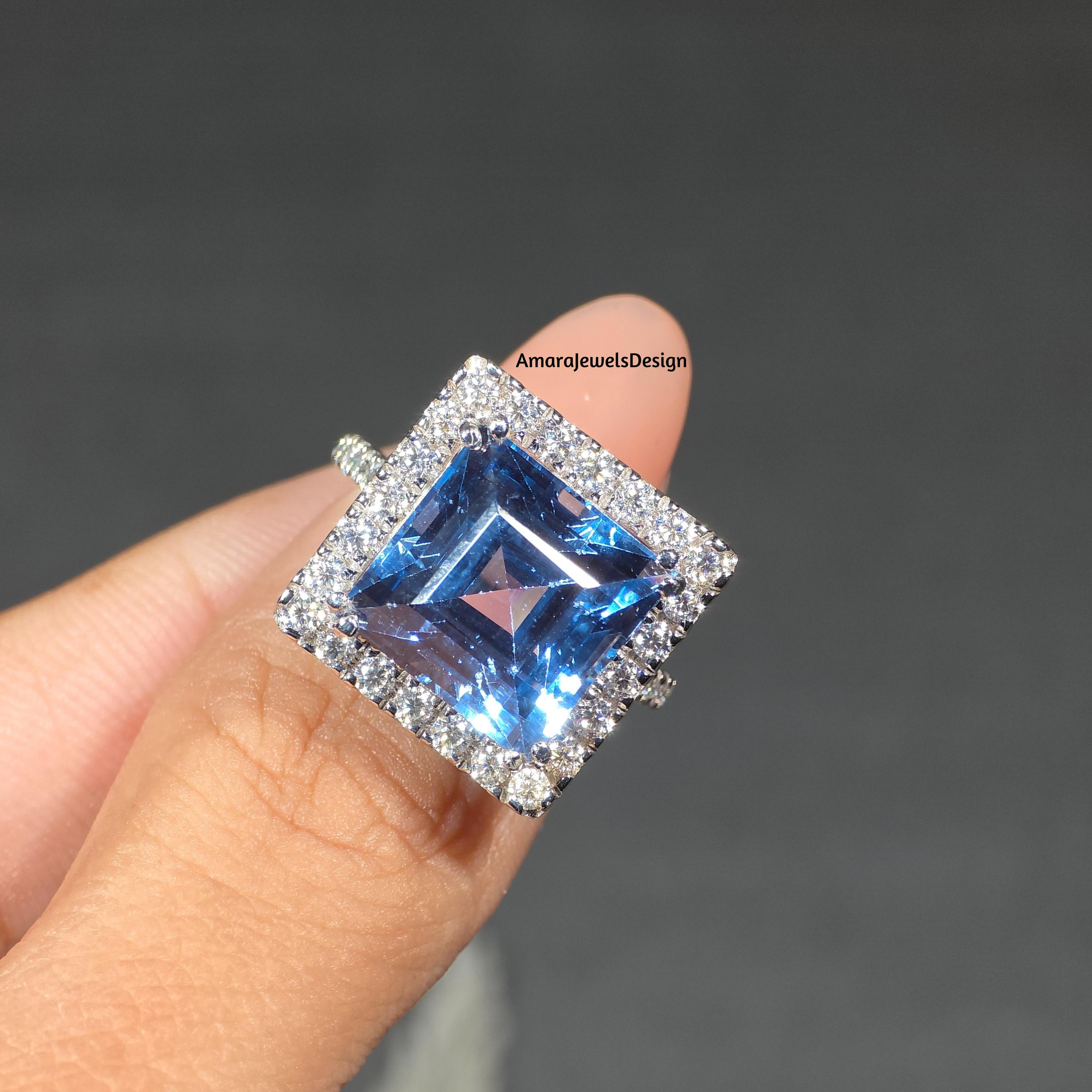 12.50Ct Aquamarine Princess Cut Engagement Ring, Half Eternity Halo Moissanite Ring, Antique Style Basket Setting Birthstone Wedding Ring.