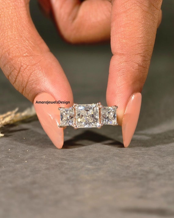Princess Cut Moissanite Three Stone Wedding Bridal Ring, Square