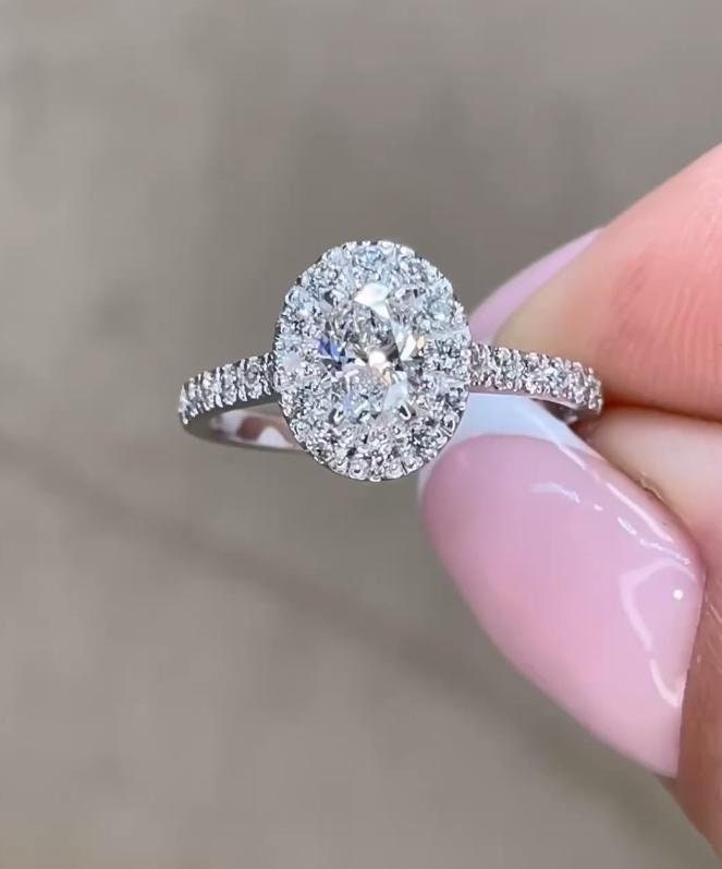 Oval Cut 1.00Ct Moissanite Double Halo Engagement Ring, Half Eternity Pave Set Oval Cut Wedding Ring, Double Halo Valentine Gift for Women.