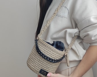 Sac seau au crochet fait main, sac à main bandoulière tissé beige