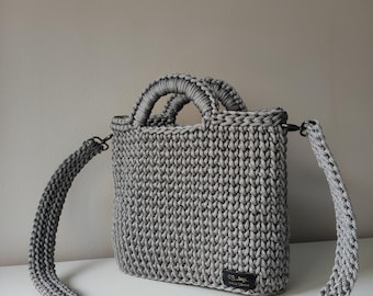 Handmade Crochet Crossbody Bag, Silver Tote, Eco-Friendly Gift