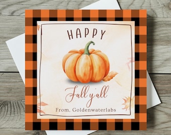 Afdrukbare sjabloon Happy Fall Y'all-cadeaukaartje, pompoen herfstcadeaukaartje, waardering voor leraar, taslabel herfsttraktatie, bewerkbaar met canvas