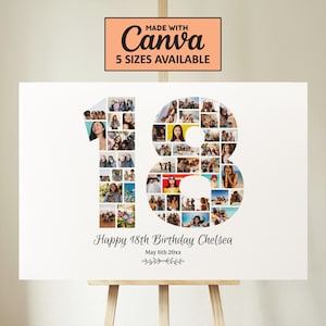 18th Birthday Photo Collage, 18th Birthday Gift, Birthday Number 18 Printable, 18th Photo Collage Template, Editable 18th Birthday, Canva