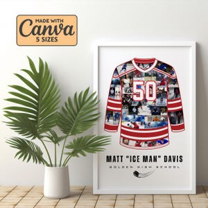 Peut inclure: Tableau encadré représentant un maillot de hockey rouge et blanc avec le numéro 50, rempli de photos d'action. Le texte "MATT 'ICE MAN' DAVIS" et "GOLDEN HIGH SCHOOL" sont en dessous. Le texte "MADE WITH Canva 5 SIZES" est également présent.