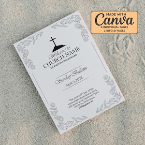 Puede incluir: Un boletín de iglesia blanco con diseños de bordes florales. El boletín incluye el texto "Welcome to CHURCH NAME" y "Sunday Bulletin, April 9, 2028". El boletín también incluye un versículo bíblico de Filipenses 4:7. El boletín fue hecho con Canva.