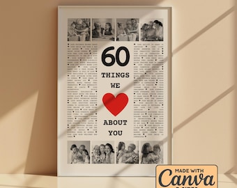 60th Birthday Gift for Her or Him, Custom 60 Things We Love About You Poster, Gift for Mother Father, Grandma Grandpa, Unique 60th Gift T3B8