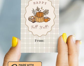 Etiqueta de regalo "Feliz otoño para todos" / Etiqueta imprimible para obsequios de otoño / Etiqueta para golosinas de Halloween con especias de calabaza / Plantilla Canva para descarga digital