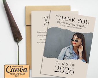 Editable Graduation Thank You Card Canva Template, 5x7 Graduation Photo Thank You Card Digital Download, Class Of 2026 Graduation Party