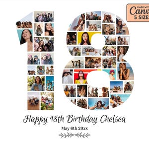 18th Birthday Photo Collage, 18th Birthday Gift, Birthday Number 18 Printable, 18th Photo Collage Template, Editable 18th Birthday, Canva