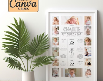 May include: A white framed baby milestone poster with photos, text, and measurements. The poster includes the baby's name, "Charlie", and details like weight (25 pounds) and height (33 inches). The poster is decorated with photos of the baby.
