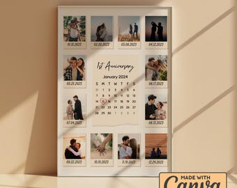 Custom Polaroid Frame Anniversary Template | 1 Year Anniversary Gift for Boyfriend and Girlfriend | Printable Canva Template | 12 Photos