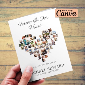 Funeral Heart Collage Program Template, Obituary Program Memorial Program Minimalist Printable Funeral Service Foldable Funeral Program