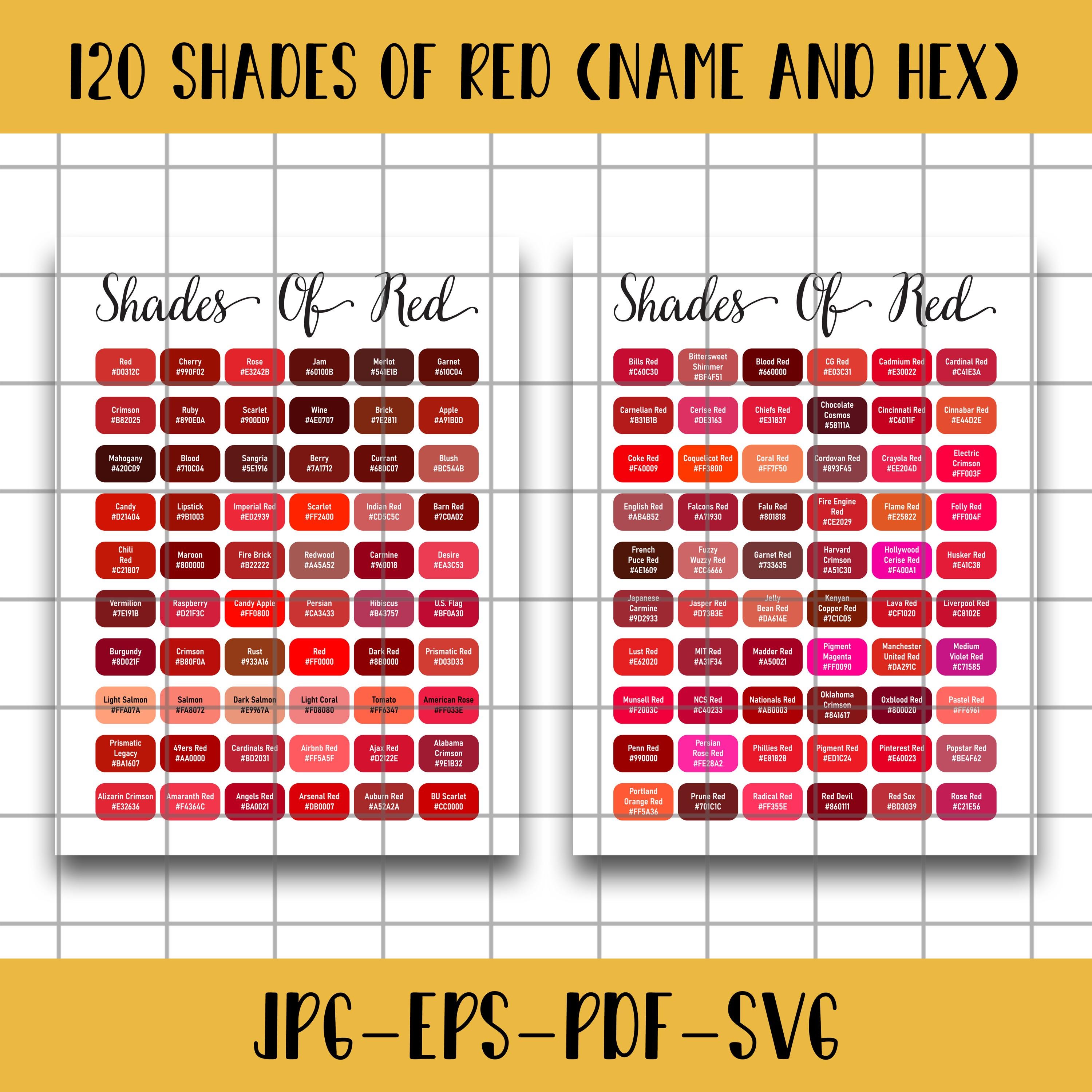 120 Color Names and Shades, Red Color Hex Name PNG, Shades of Red ...