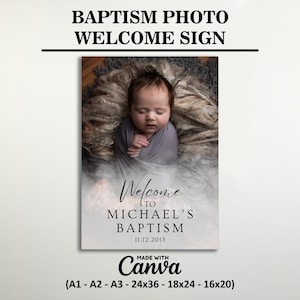 Baptism Photo Welcome Sign Template, 6 Baptism Poster Sizes, Editable Canva Template, Chirstening Welcome Sign, Editable Baptism Poster