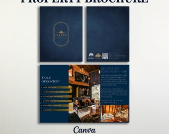 Könnte beinhalten: Eine marineblaue Immobilienbroschüre aus der Essentials Collection. Die Broschüre hat ein Cover mit einem goldenen Logo und dem Text "Property Brochure". Im Inneren enthält die Broschüre ein Inhaltsverzeichnis und Innenarchitektur-Bilder. Die Broschüre ist 21,6 cm x 28 cm und 43,2 cm x 28 cm groß.