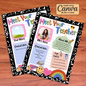 May include: Two colorful "Meet Your Teacher" classroom printables. Each features a photo frame, contact info section, and fun facts. The design includes a black and white border, a rainbow, and a smiling face. The printables are 8.5 x 11 inches.
