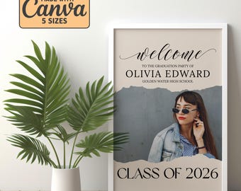 Modèle sur toile de plaque de bienvenue pour l'obtention du diplôme, promotion personnalisée 2026, décoration de fête de remise des diplômes pour panneau de bienvenue modifiable